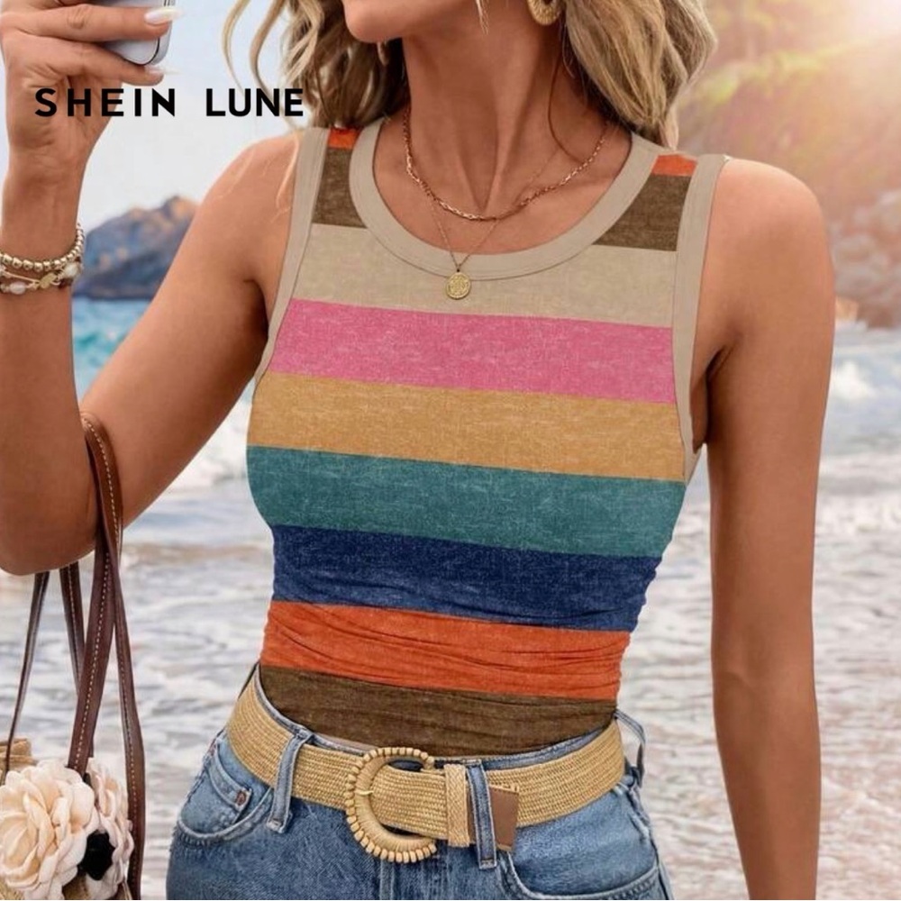 Shein Lune Rouched Multicolor Striped Tank Top, Large, NWT